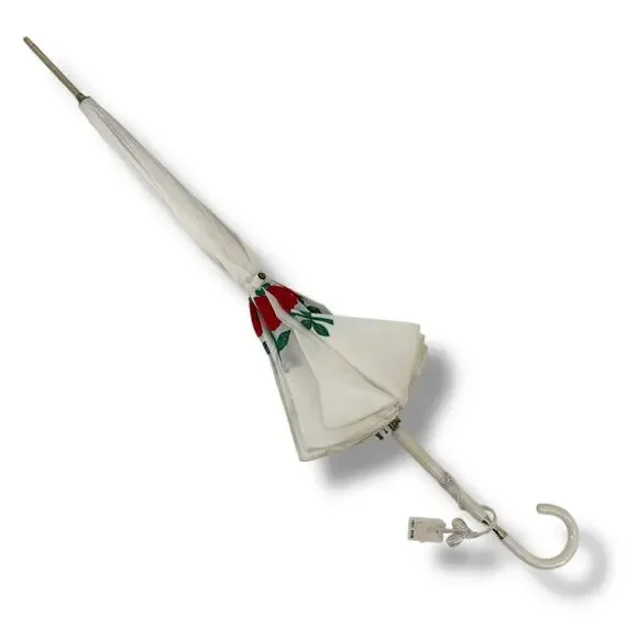 Vtg Saks Fifth Avenue Parasol Umbrella Red Rose Embroidered NOS Pinup Glam Photo